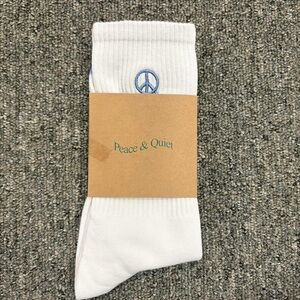 White Crew Socks with Blue Peace Symbol